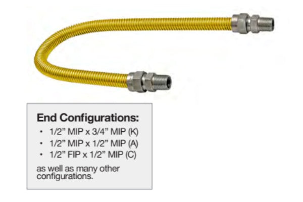 Yellow Coated Gas Connector Gas Range / Furnace • 5/8” OD 1/2” ID